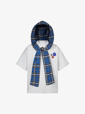 Hooded T-Shirt with Plaid Scarf Hood and Pins – Light Grey, front view | XoKool