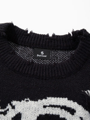 Hip-Hop Dark Skull Frayed-Edge Knit Sweater - thumbnail 12