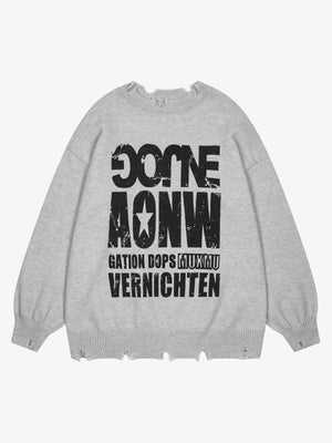 Letter Print Ripped Crew Neck Sweater - thumbnail 2