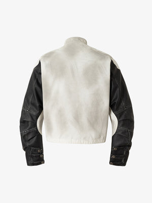 Skull Print Paneled Stand-Up Collar Leather Jacket - thumbnail 2