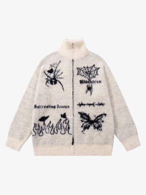 Street Spider And Butterfly Patterns Fluffy Zipper Sweater - thumbnail 1