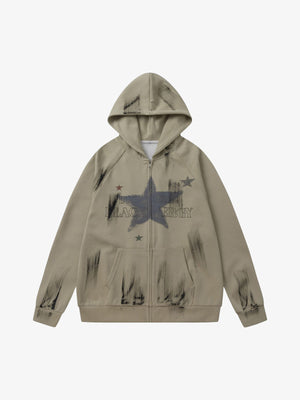 Retro Wasteland Star-Print Brush Ink Print Cardigan Hoodie - thumbnail 1