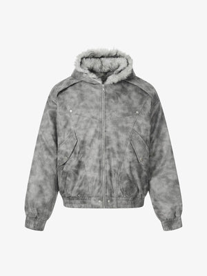 Faux Suede Vintage Wash Fur Hood Padded Jacket - thumbnail 1