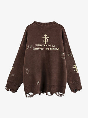 High Street Letter Jacquard Ripped Tassel Sweater - thumbnail 2