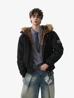 Retro Leopard Print Fur Collar Hooded Padded Jacket - thumbnail 3