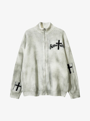 Ribbed Knit Dirty Dyed Embroidery Cross Sweater - thumbnail 1