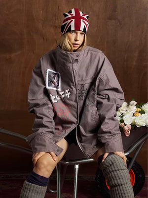 Street Graffiti Distressed High-Neck Padded Cotton Jacket - thumbnail 4
