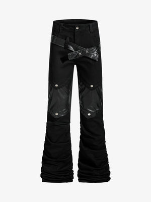 Vintage Heavy Pleated PU Leather Stitch Patchwork Flared Pants - thumbnail 1