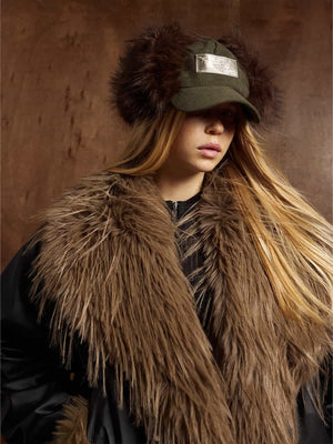 Retro Punk Rock Oversized Fur Collar Stitching Leather Cotton Jacket - thumbnail 5