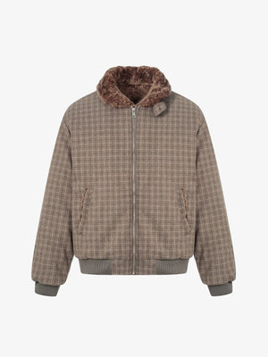 Retro Plaid Fur Collar Warm Padded Jacket - thumbnail 1