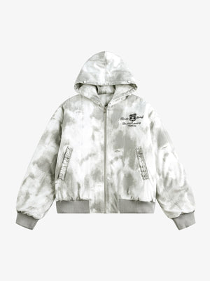 Vintage Tie-Dye Detachable Fur Collar Hooded Bomber Jacket - thumbnail 11
