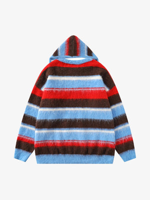 Detachable Hood Contrast Striped Mohair Pullover Sweater - thumbnail 2