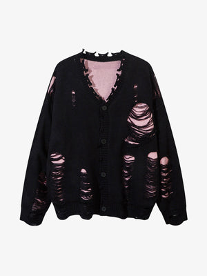 Irregular Neck Hole Hollow Knit Raw Edge Sweater - thumbnail 1