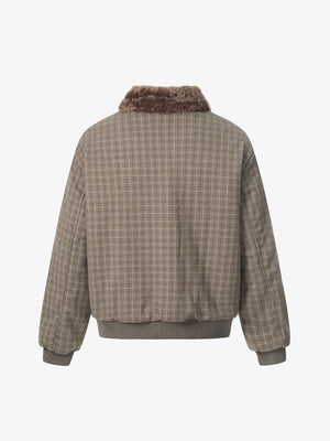Retro Plaid Fur Collar Warm Padded Jacket - thumbnail 3