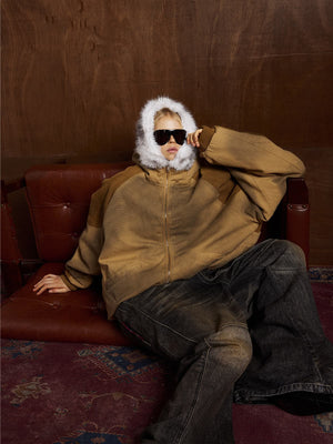 Street Vintage Fog-Dyed Fur Collar Patchwork Hooded Padded Jacket - thumbnail 9