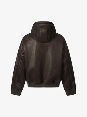 Vintage Leather Badge Fleece-lined Hooded Zip Bomber Jacket - thumbnail 3