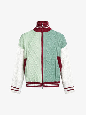 Retro Contrast Color High Neck Knitted Cardigan Sweater - thumbnail 1