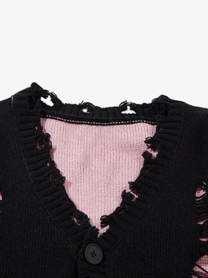 Irregular Neck Hole Hollow Knit Raw Edge Sweater - thumbnail 6