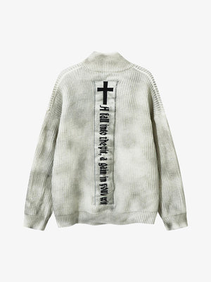 Ribbed Knit Dirty Dyed Embroidery Cross Sweater - thumbnail 2