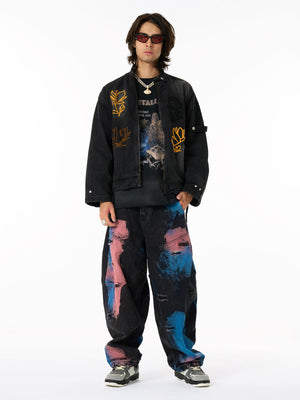 Retro Street Floral Embroidery Washed Zipper Denim Jacket - thumbnail 13