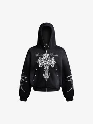 Street Wasteland Washed Cross Print Hooded Sweatshirt - thumbnail 9