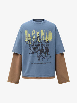 Street Color Matching Faux Two-Piece Printed T-Shirt - thumbnail 2