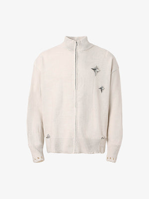 Distressed Ripped-Edge Turtleneck Diamond Star Zipper Knitted Sweater - thumbnail 1
