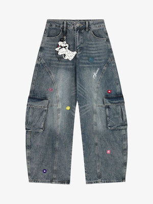 Barrel Cargo Jeans mit Blumenstickerei – Vintage-Blau, Vorderansicht | XoKool
