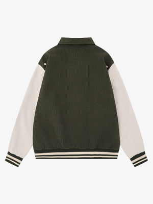 Studded Corduroy Varsity Jacket – Olive, back view | XoKool