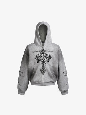 Street Wasteland Washed Cross Print Hooded Sweatshirt - thumbnail 1
