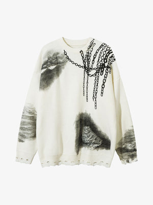 Chain Jacquard Spray-Painted Hole Round Neck Sweater - thumbnail 1