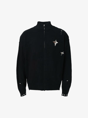 Distressed Ripped-Edge Turtleneck Diamond Star Zipper Knitted Sweater - thumbnail 2
