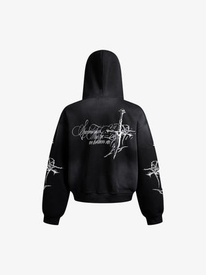 Street Wasteland Washed Cross Print Hooded Sweatshirt - thumbnail 10
