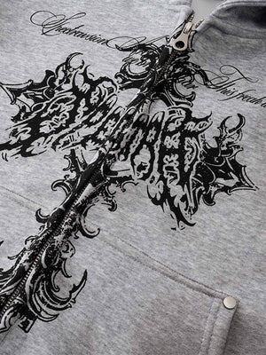 Street Wasteland Washed Cross Print Hooded Sweatshirt - thumbnail 8