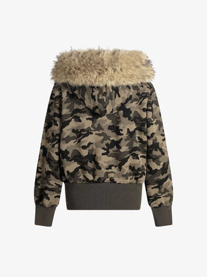 Camouflage Embroidery Patchwork Cardigan Fur Collar Hooded Sweatshirt - thumbnail 2