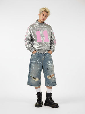 Number 11 Reflective Metallic Leather Track Jacket - thumbnail 7