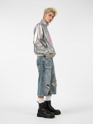 Number 11 Reflective Metallic Leather Track Jacket - thumbnail 8