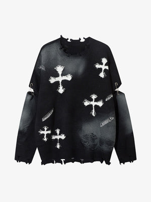 Vintage Spray-Painted Cross Hole Knit Sweater - thumbnail 2