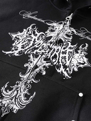 Street Wasteland Washed Cross Print Hooded Sweatshirt - thumbnail 13