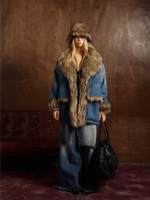 Street Retro Fur Patchwork Washed Denim Cotton Jacket - thumbnail 2