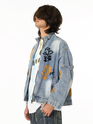 Retro Street Floral Embroidery Washed Zipper Denim Jacket - thumbnail 7