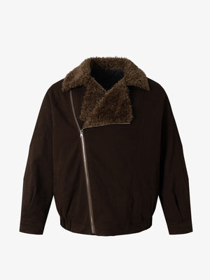 Street Punk Oblique Zipper Lambswool Collar Quilted Jacket - thumbnail 1