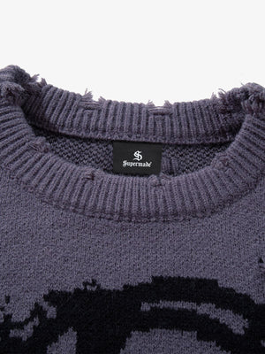 Hip-Hop Dark Skull Frayed-Edge Knit Sweater - thumbnail 19