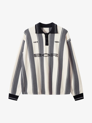 Retro Striped Polo Collar Sports Jersey Knit Sweater - thumbnail 2