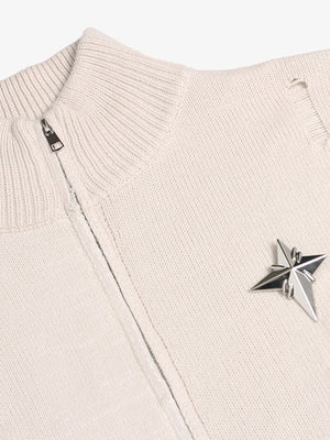 Distressed Ripped-Edge Turtleneck Diamond Star Zipper Knitted Sweater - thumbnail 11