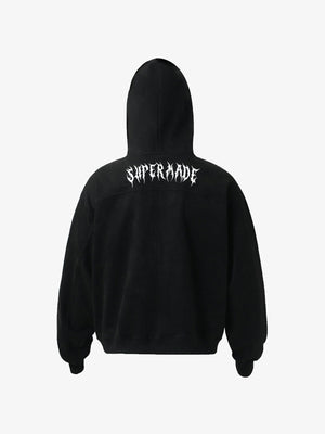 Vintage Suede Letter Embroidered Cropped Hooded Sweatshirt - thumbnail 4