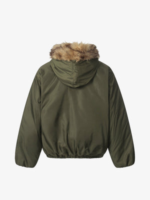 Retro Pleated Fur Hooded Padded Jacket - thumbnail 3
