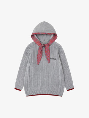 Retro Plaid Tie Hooded Knit Sweater - thumbnail 1