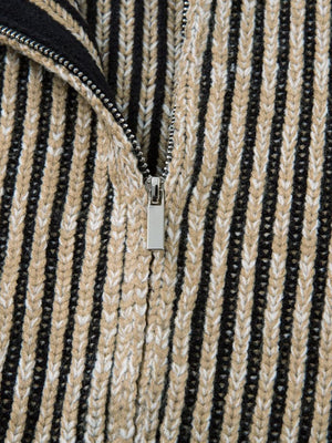 Knitted Retro Zipper Cardigan Stand Collar Vertical Striped Sweater - thumbnail 4