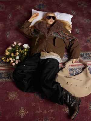 Vintage Leather and Sherpa Patchwork Webbing Cotton Jacket - thumbnail 9